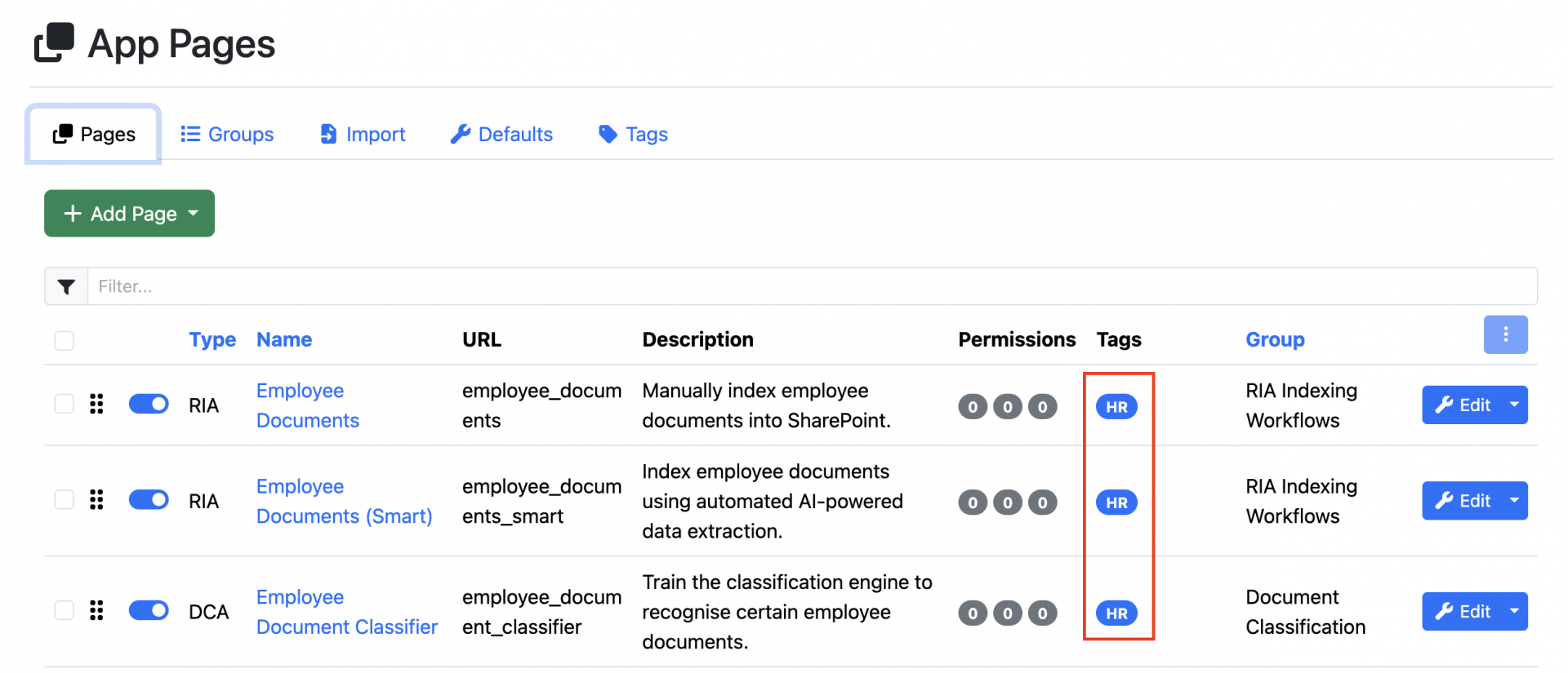 WebApps Page Tags Screenshot